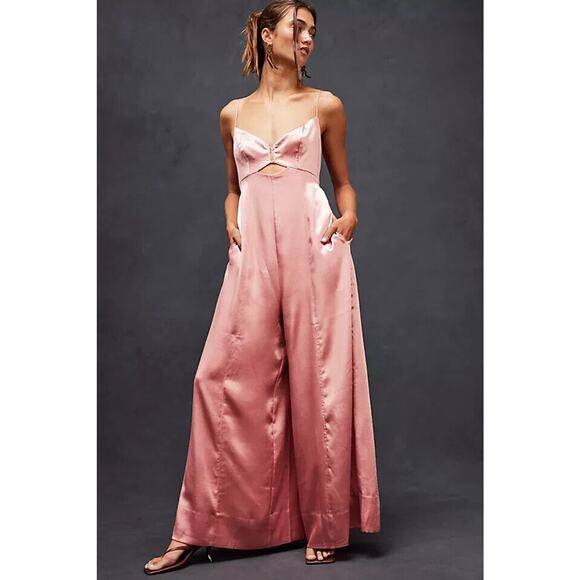 Free People Abbie Jumpsuit Pink Satin Wide leg Cutout Size 2 NWT $250